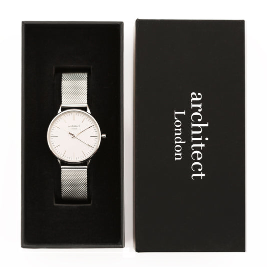 Personalised Ladies Blanc Luxury Handcrafted Watch By Architect London with Stainless Steel Silver Case, Mesh Strap & Gift Box | Modern Font Engraving | A Personal Gift