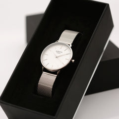 Personalised Ladies Blanc Luxury Handcrafted Watch By Architect London with Stainless Steel Silver Case, Mesh Strap & Gift Box | Modern Font Engraving | A Personal Gift