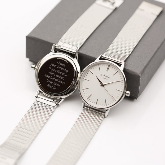 Personalised Ladies Blanc Handcrafted Watch By Architect London | Modern Font Engraving | A Personal Gift