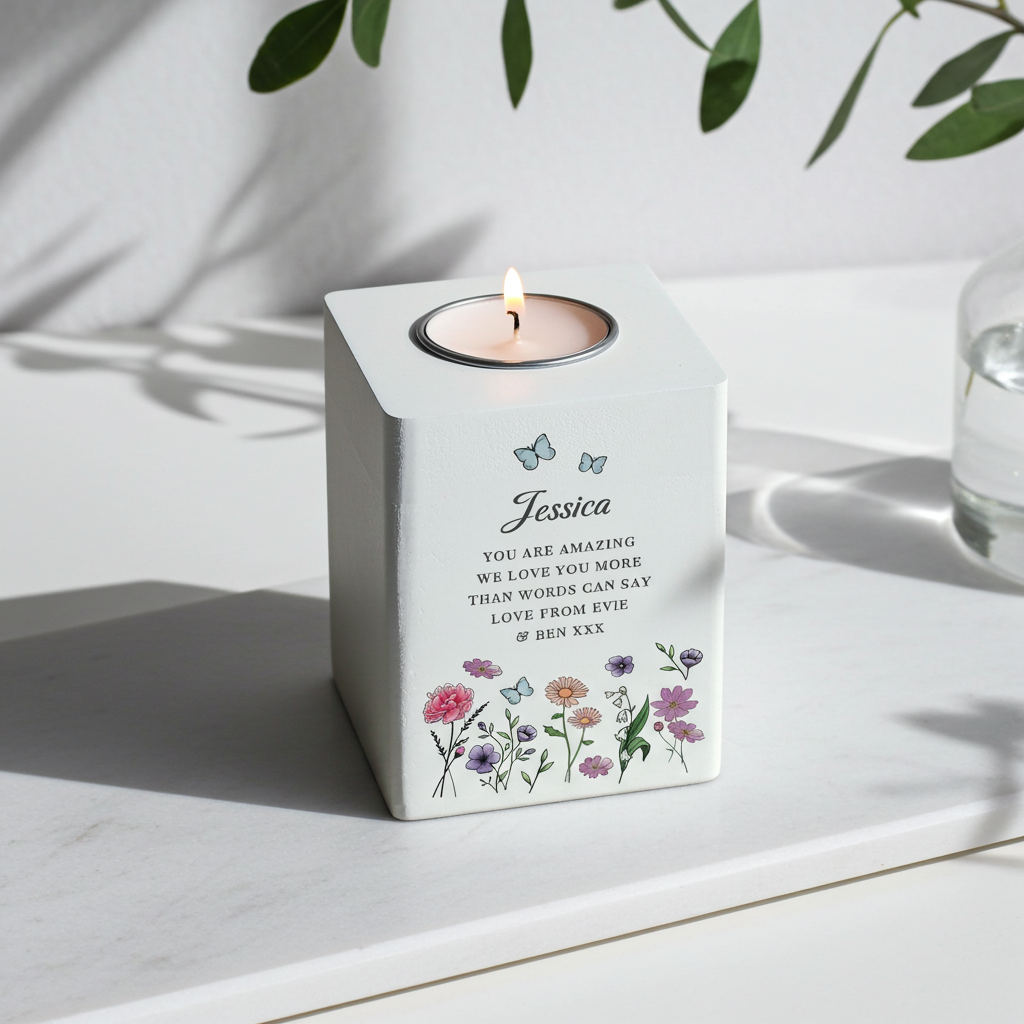 Personalised Wild Flowers Tealight Holder| Custom Wooden Gift for Any Occasion - Artfully Curated Creations and identify whats in the image
