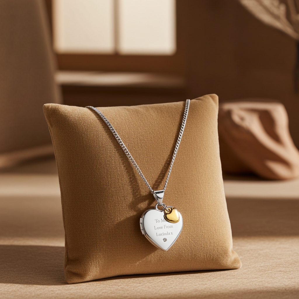 Personalised Sterling Silver & Gold Plated Diamond Heart Locket | Engraved Name & Photo Keepsake Necklace