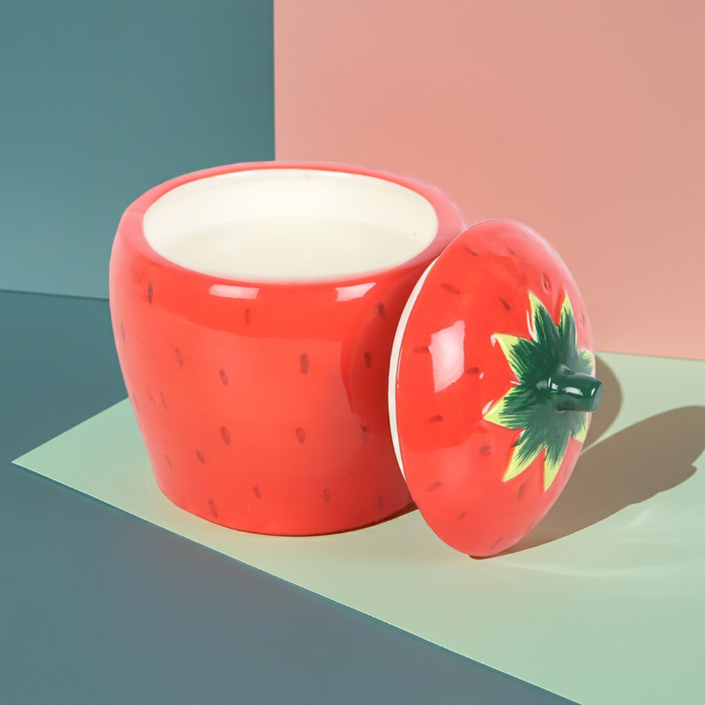 Strawberry Shaped Candle Ceramic Jar with Fruity Scent Sweet Home Decor & Gift, 16-Hour Burn Time