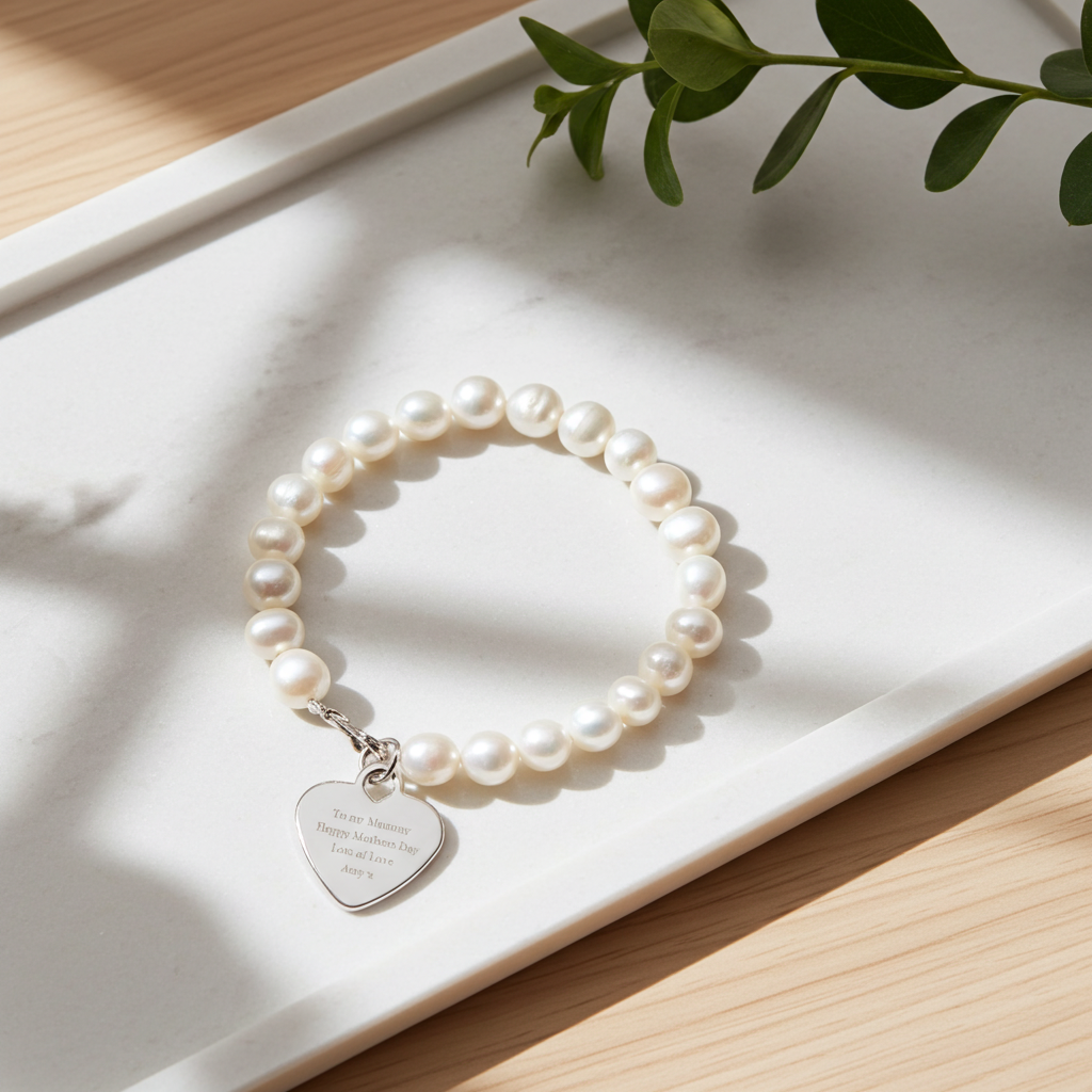 Personalised White Freshwater Pearl Bracelet | Engraved Message Gift Box - Artfully Curated Creations and identify whats in the image
