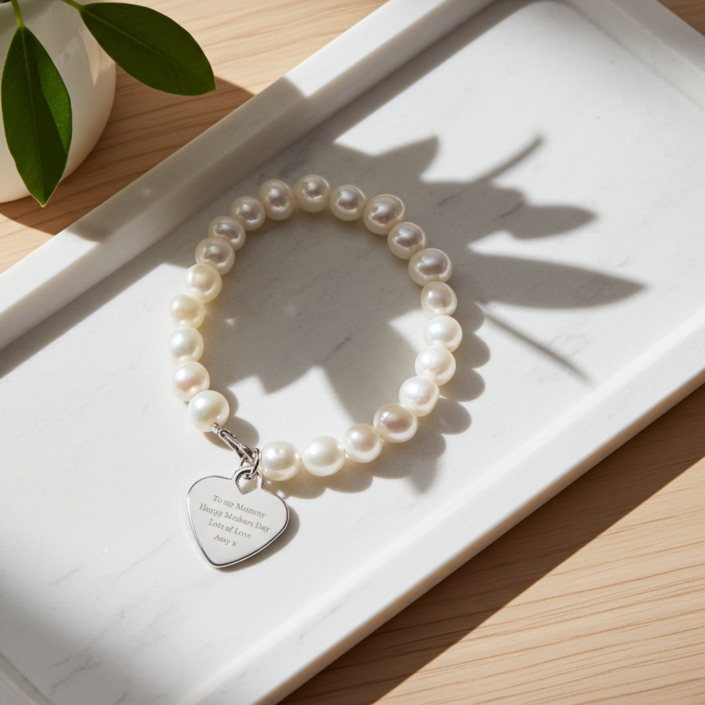 Personalised White Freshwater Pearl Bracelet | Engraved Message Gift Box - Artfully Curated Creations and identify whats in the image