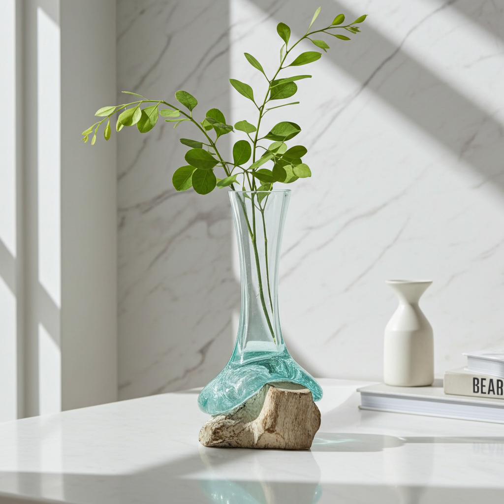 Molton Glass Medium Vase On A Whitewashed Wooden Stand