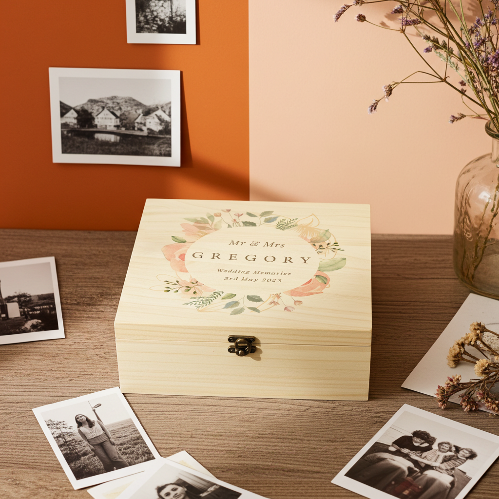 Personalised Wooden Keepsake Box | A Beautiful Place to Store Treasured Memories - Artfully Curated Creations and identify whats in the image