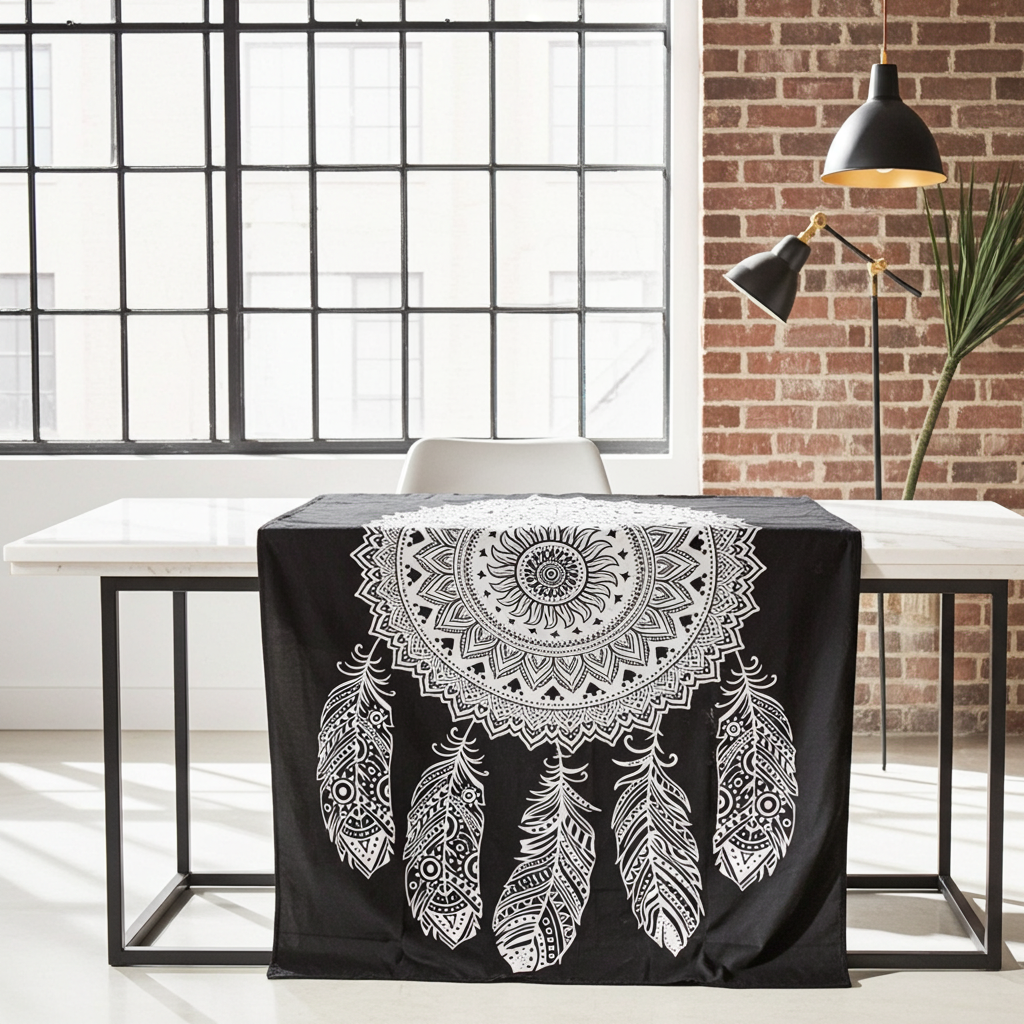 Black & White Double Bed Spread / Wall Art - Dream Catcher