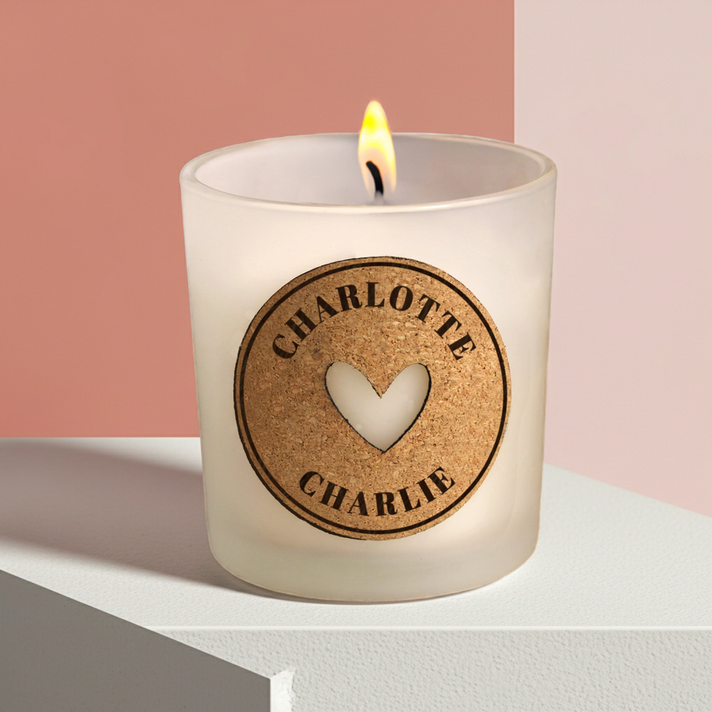 Personalised Heart Vanilla Scented Jar Candle | Custom Cork Label Gift - Artfully Curated Creations and identify whats in the image