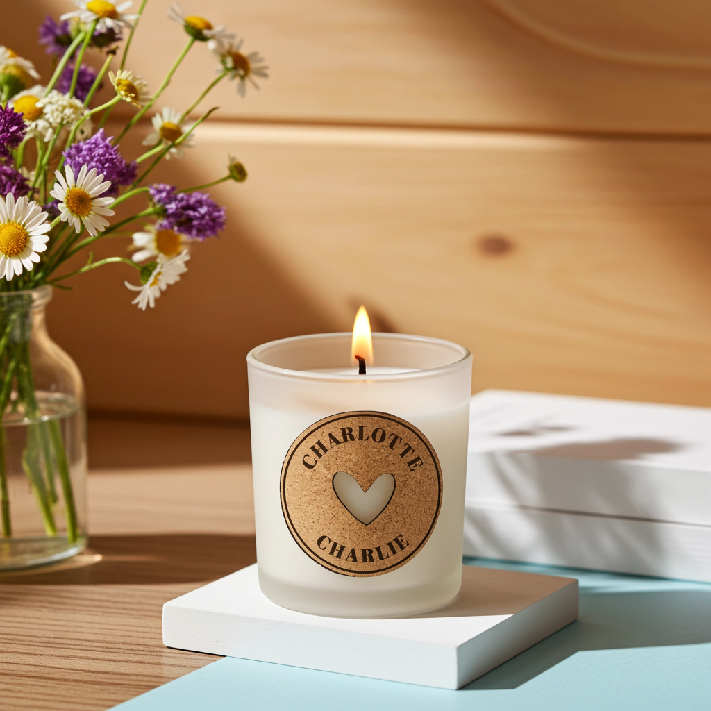 Personalised Heart Vanilla Scented Jar Candle | Custom Cork Label Gift - Artfully Curated Creations and identify whats in the image