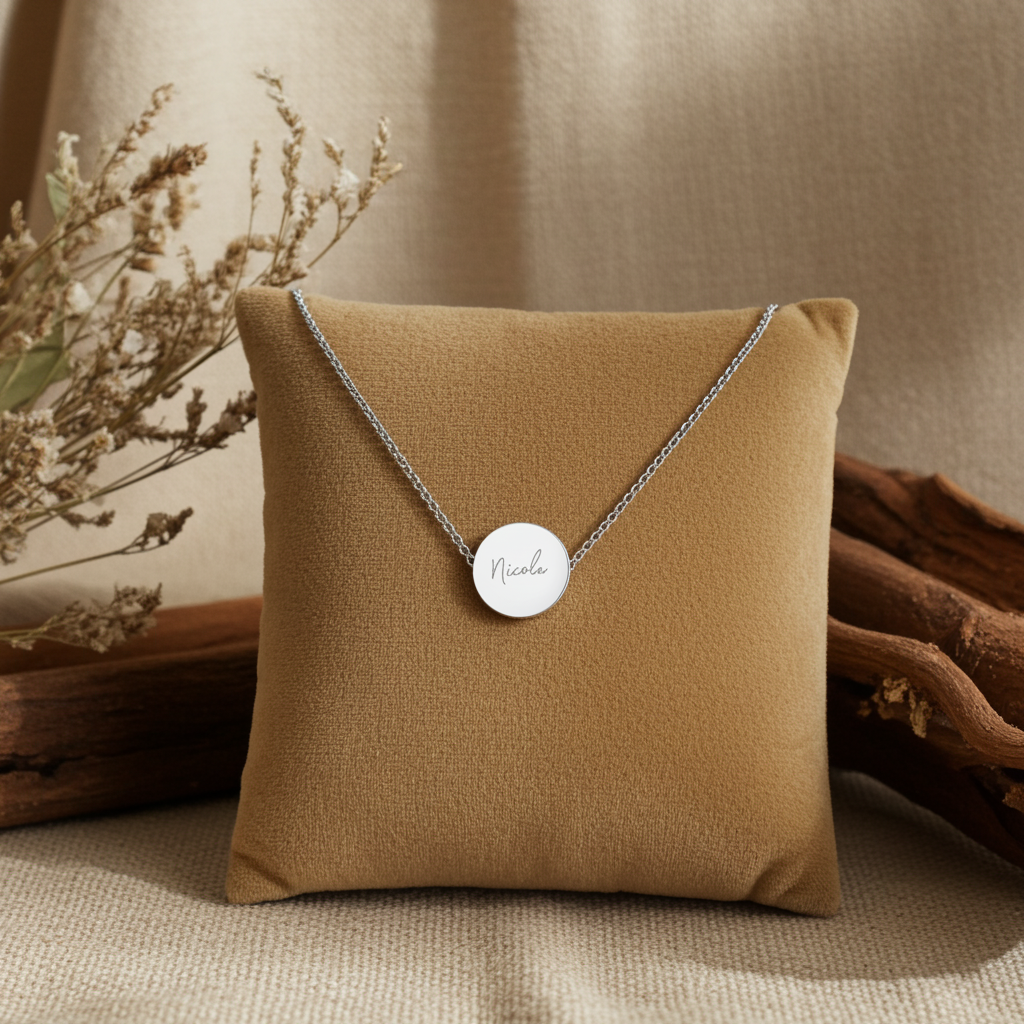 Personalised Disc Necklace|  Engraved Gift Box for Bridesmaids, Weddings & Special Occasions - Artfully Curated Creations and identify whats in the image