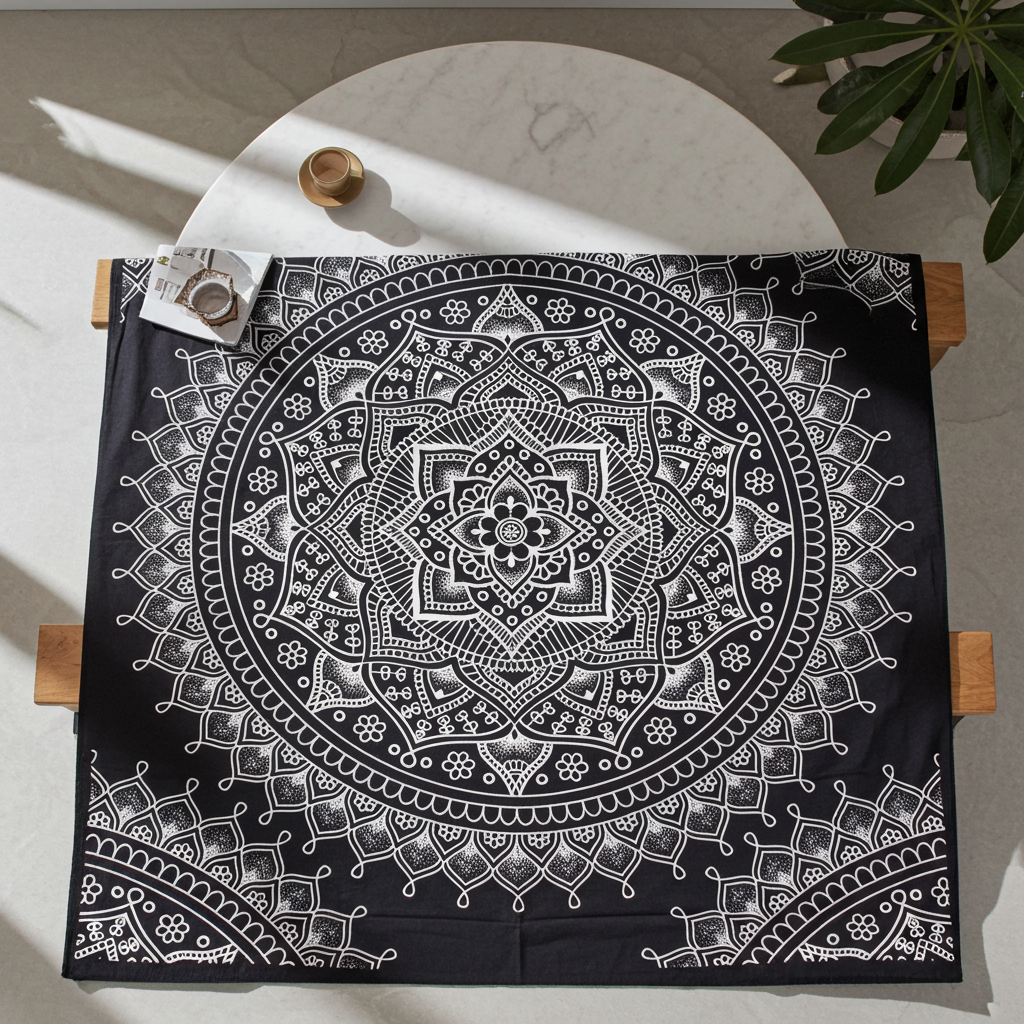 Black & White Double Bed Spread / Wall Art - Lotus Flower