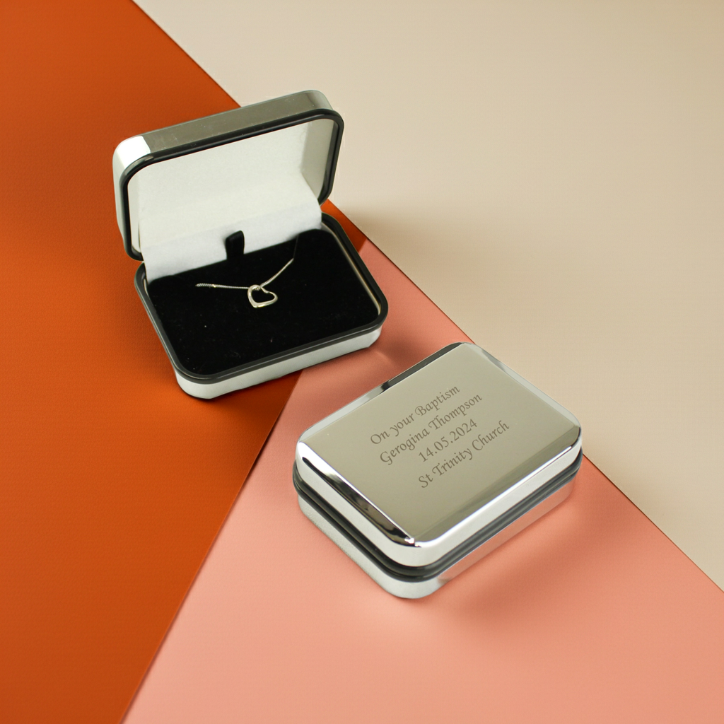 Personalised Sterling Silver Heart Necklace | Engraved Gift Box for Birthdays, Weddings & Mother’s Day - Artfully Curated Creations and identify whats in the image