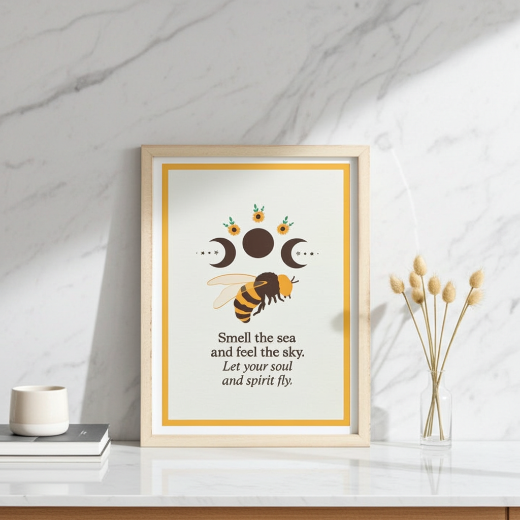 Summer Solstice Bee & Sunflower Framed Print Rustic Wall Art with Inspirational Quote & Moon Phases Wooden Frame
