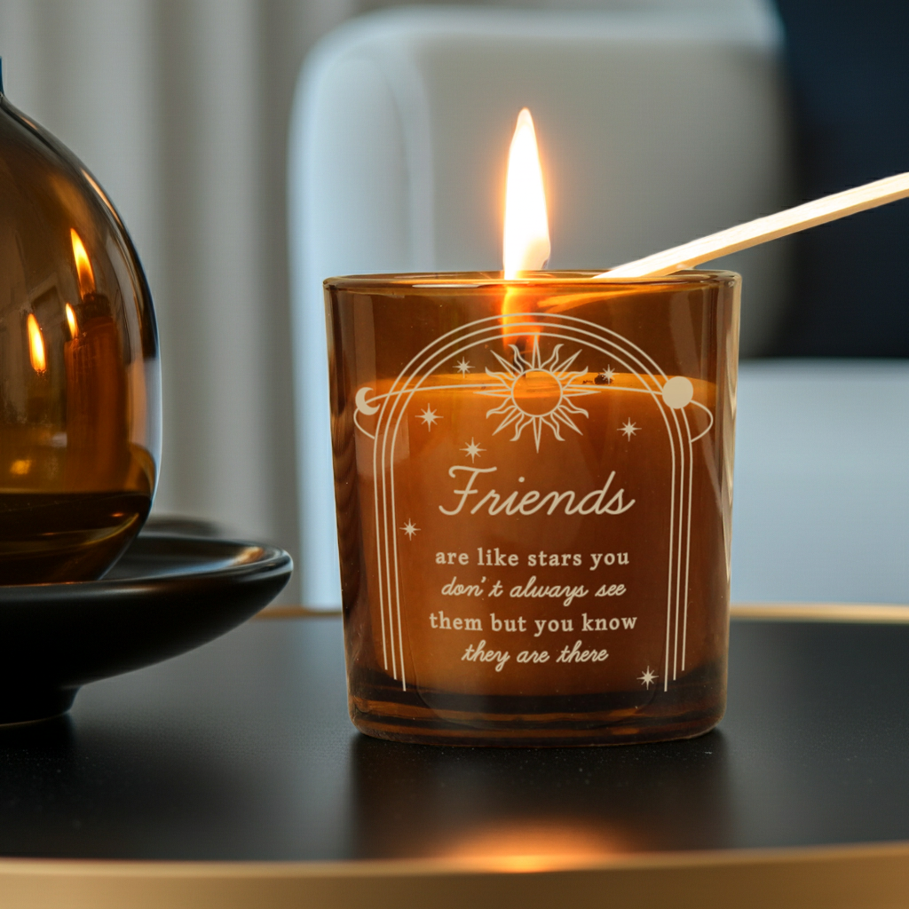 Personalised Celestial Vanilla Scented Candle In Amber Glass Jar | Handmade | A personal gift - Artfully Curated Creations and identify whats in the image