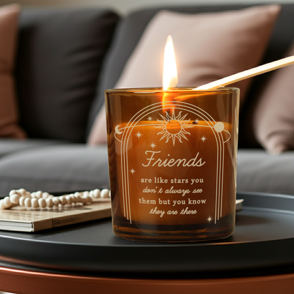 Personalised Celestial Vanilla Scented Candle In Amber Glass Jar | Handmade | A personal gift - Artfully Curated Creations and identify whats in the image