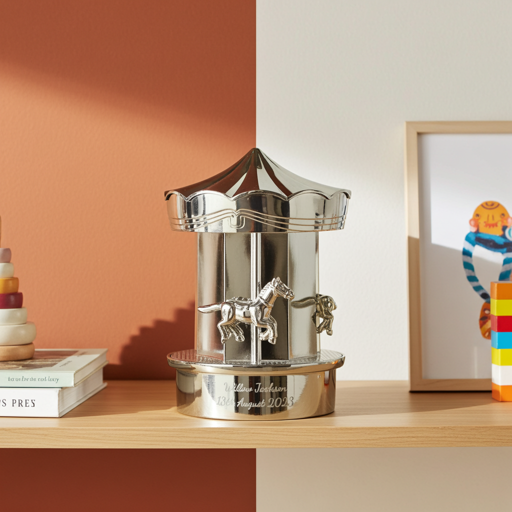 Decorative silver carousel sculpture on a wooden shelf with a colorful toy and books in the background.