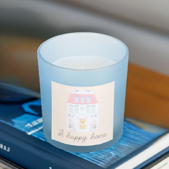 Fresh Linen Scented Candle "Happy Home" Gift Candle with House Illustration 20-Hour Burn, Glass Jar, Relaxing Clean Scent