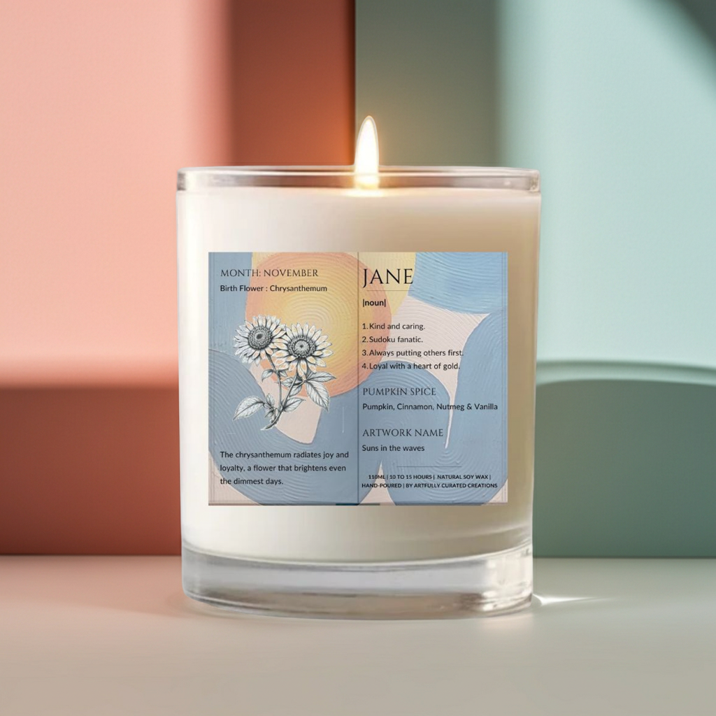 The Definition of you birth flower customisable scented artwork candle transparent Jar | Handmade | A personal gift - Artfully Curated Creations and identify whats in the image