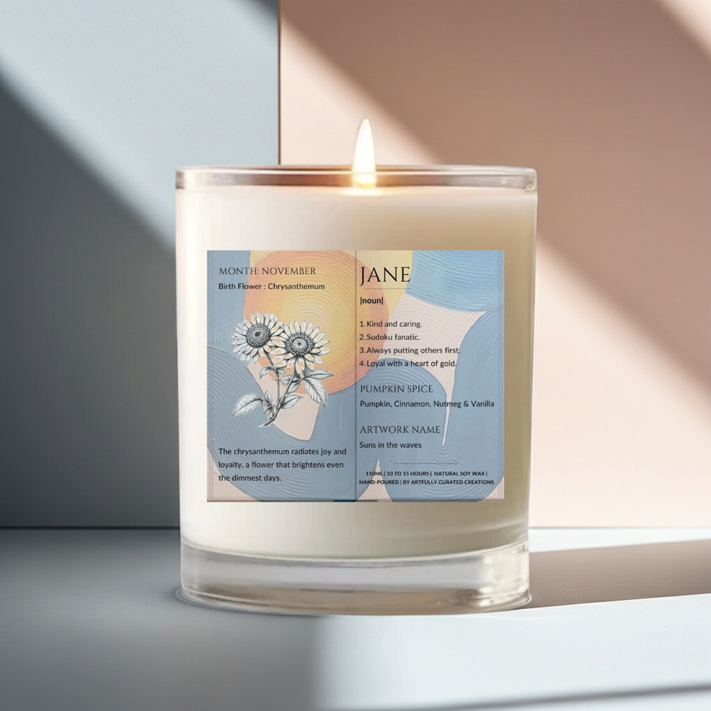 The Definition of you birth flower customisable scented artwork candle transparent Jar | Handmade | A personal gift - Artfully Curated Creations and identify whats in the image
