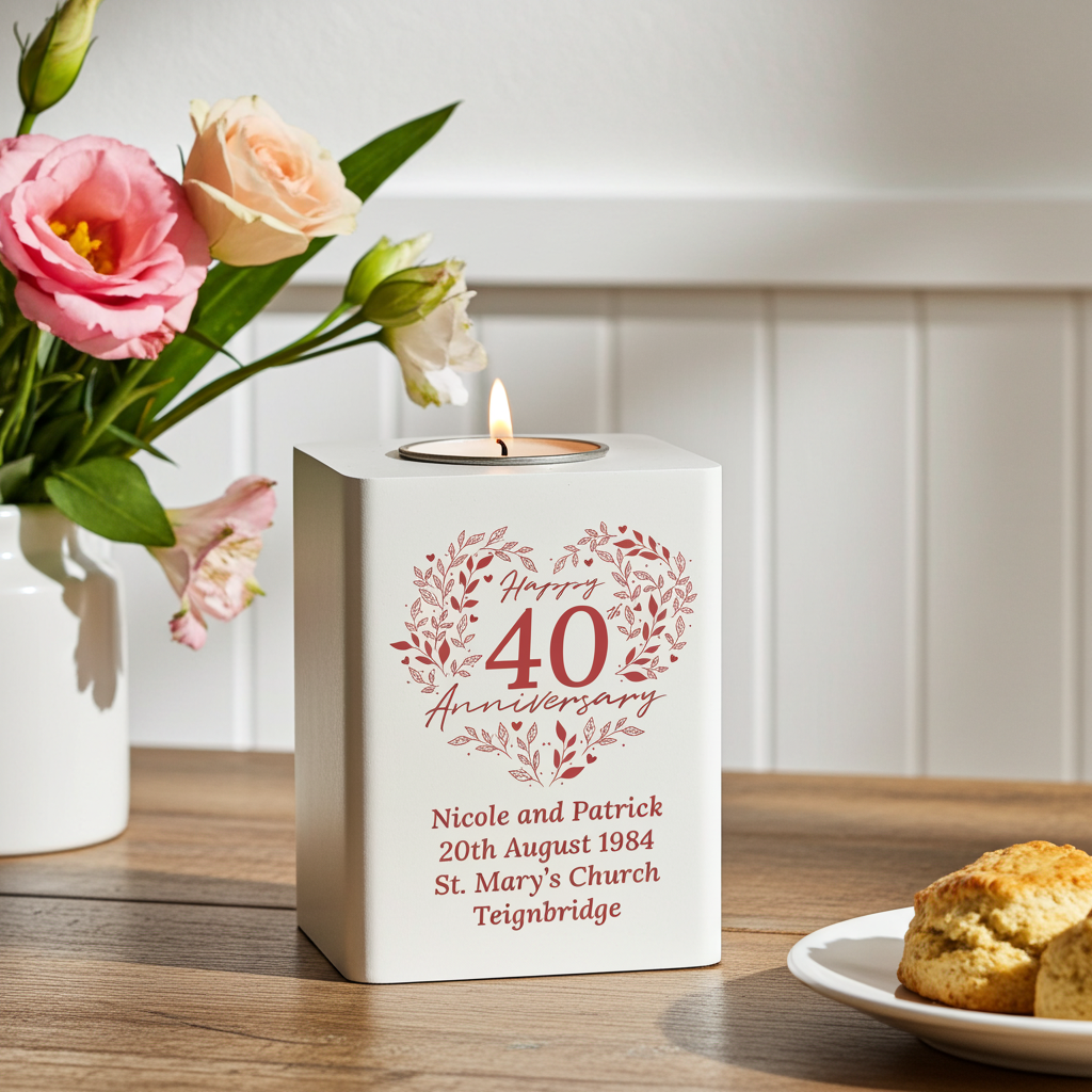 Personalised 40th Anniversary Tealight Holder | Ruby Anniversary Keepsake - Artfully Curated Creations and identify whats in the image