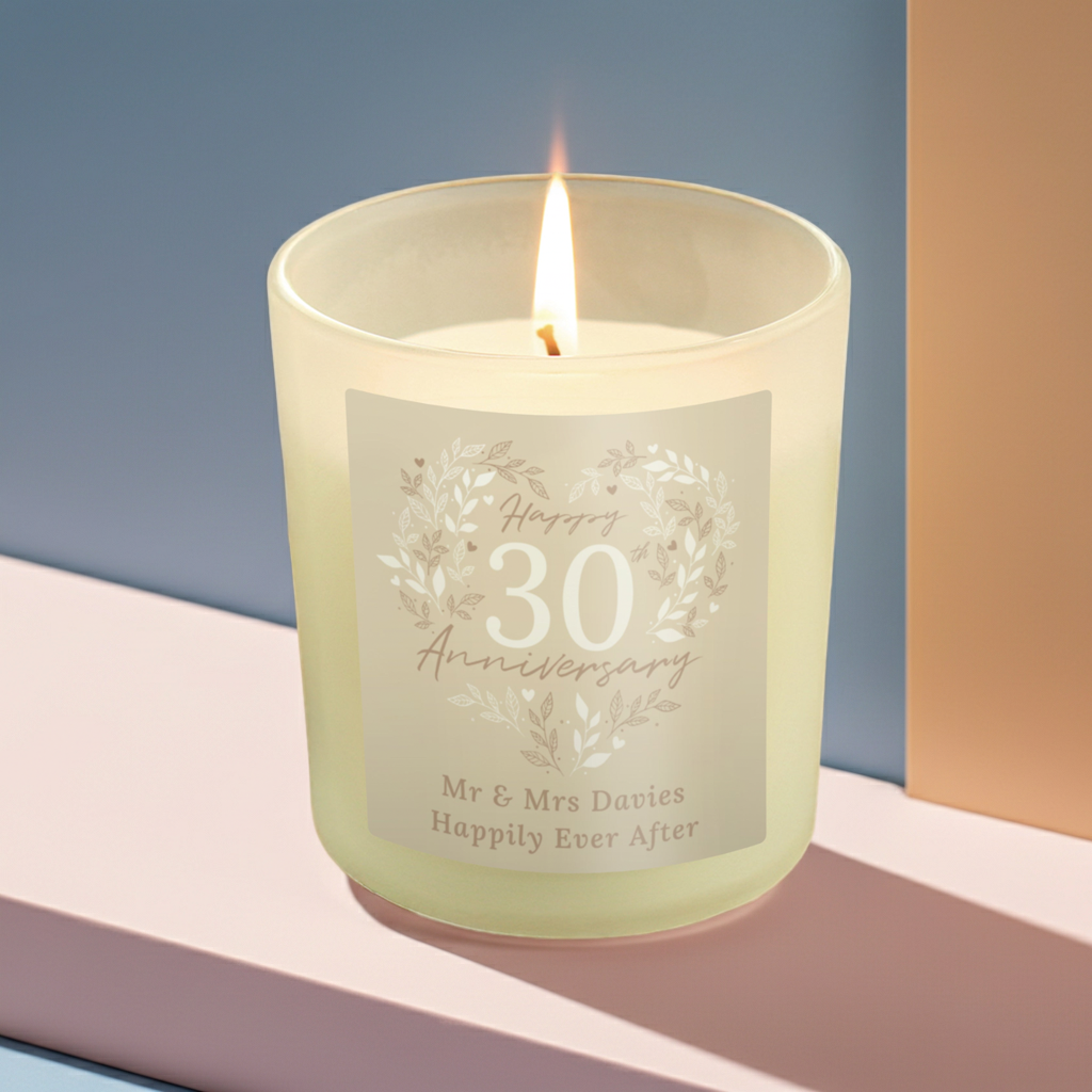 Personalised 30th Anniversary Vanilla Candle Jar | Pearl Anniversary Keepsake - Artfully Curated Creations and identify whats in the image