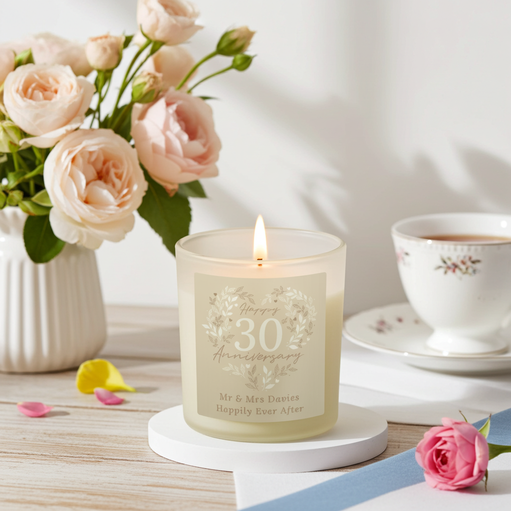 Personalised 30th Anniversary Vanilla Candle Jar | Pearl Anniversary Keepsake - Artfully Curated Creations and identify whats in the image