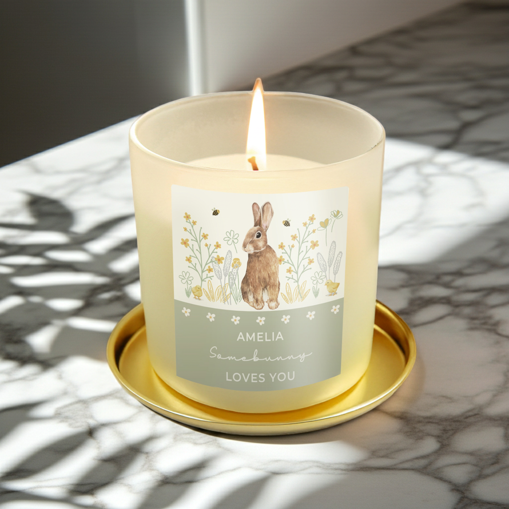 Personalised Spring Bunny Vanilla Candle Jar | Custom Seasonal Gift - Artfully Curated Creations and identify whats in the image