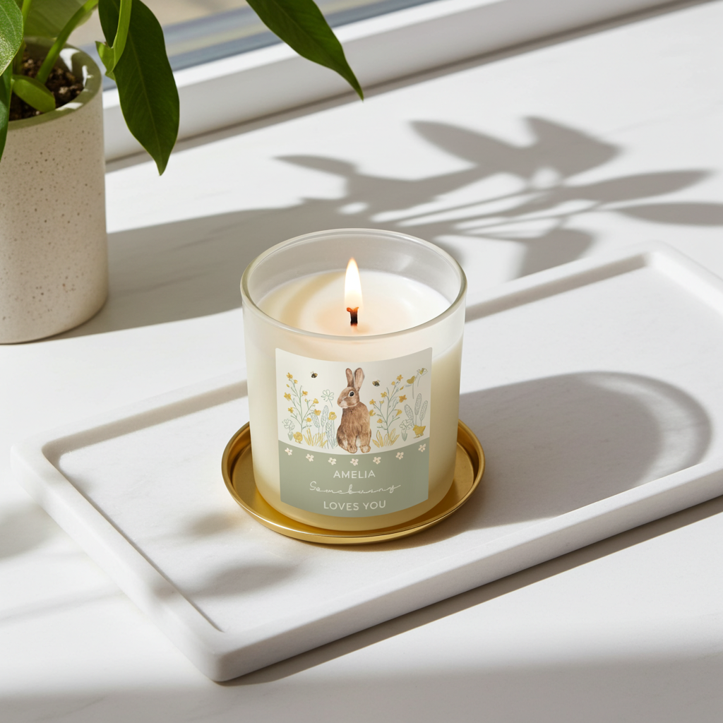 Personalised Spring Bunny Vanilla Candle Jar | Custom Seasonal Gift - Artfully Curated Creations and identify whats in the image
