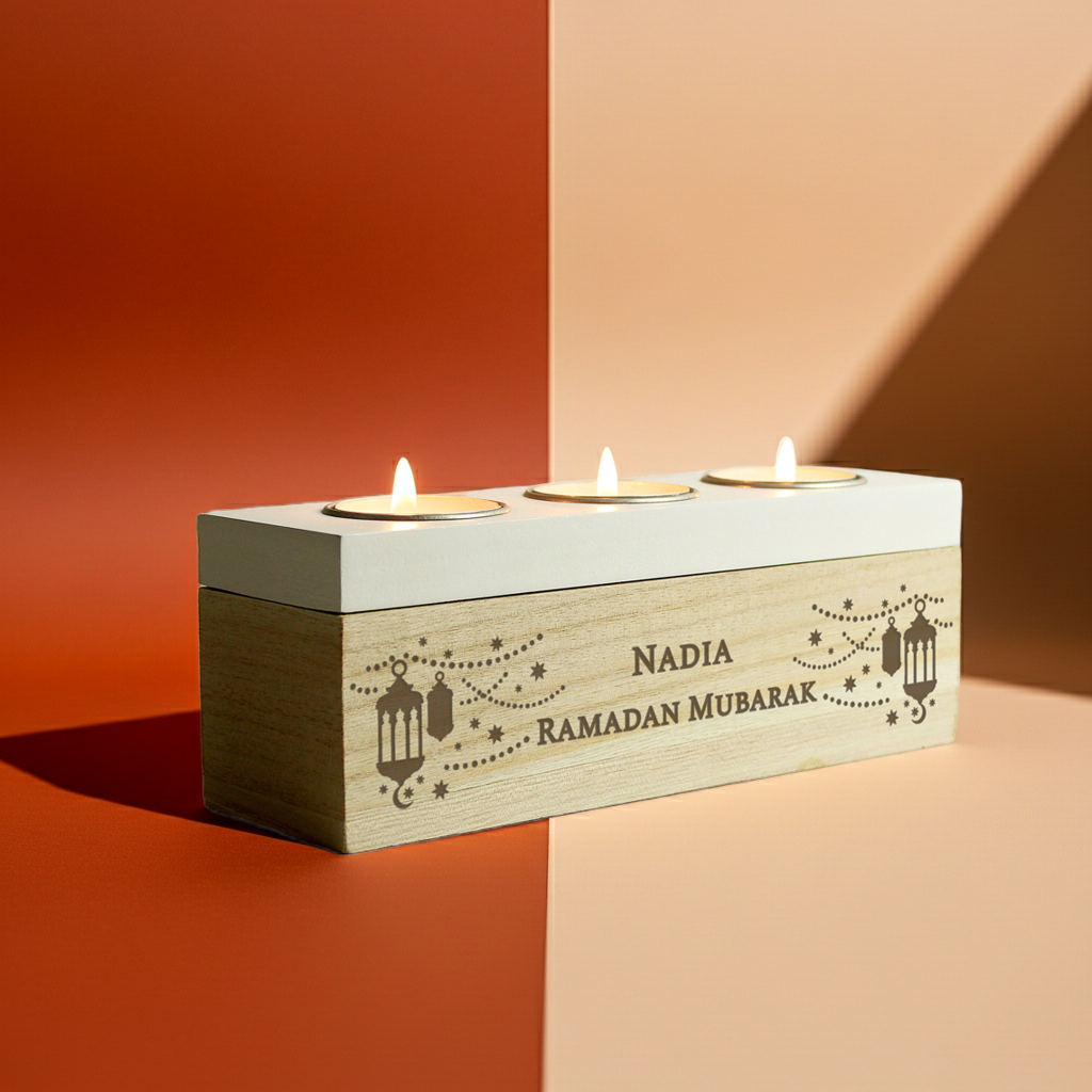Personalised Triple Tealight Holder | Ramadan & Eid Gift - Artfully Curated Creations and identify whats in the image