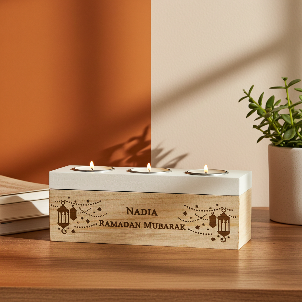 Personalised Triple Tealight Holder | Ramadan & Eid Gift - Artfully Curated Creations and identify whats in the image