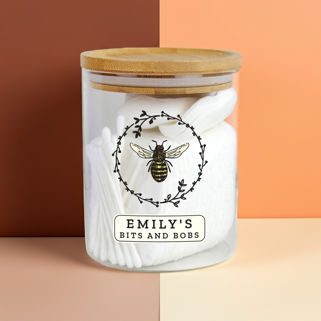 Personalised Bee Glass Jar | A Sweet & Stylish Way to Store Your Essentials - Artfully Curated Creations and identify whats in the image