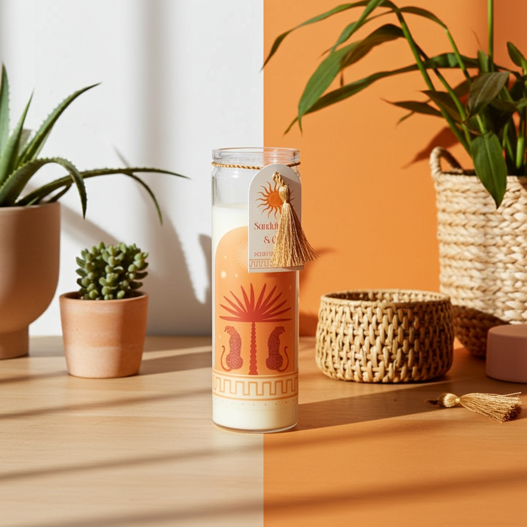 Sandalwood & Oud Leopard Print Candle 50-Hour Tube Candle in Stylish Abstract Jar Vegan Wax, Cosy Luxury Scent