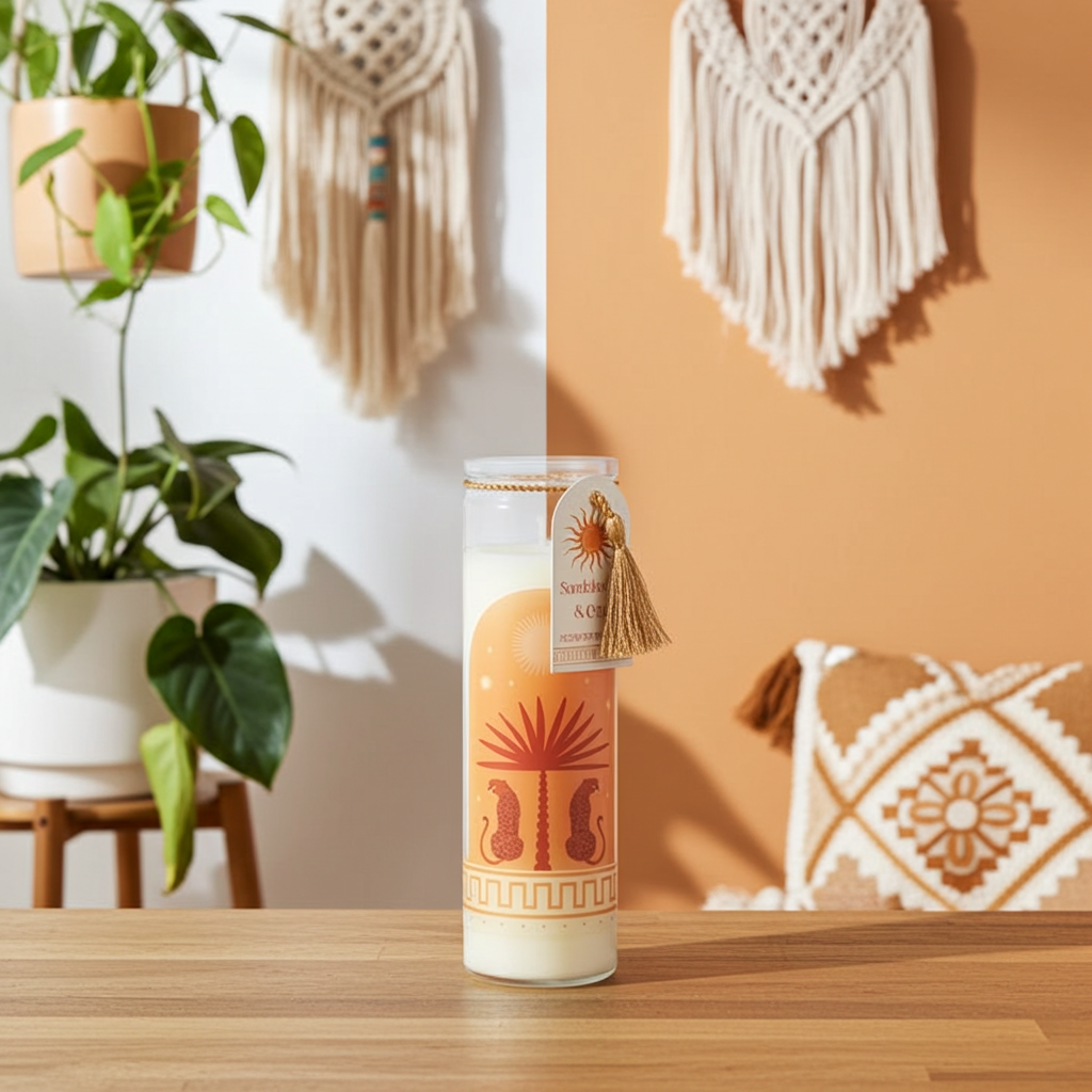 Sandalwood & Oud Leopard Print Candle 50-Hour Tube Candle in Stylish Abstract Jar Vegan Wax, Cosy Luxury Scent