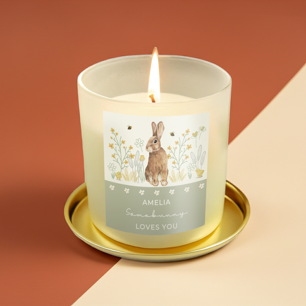 Personalised Spring Bunny Vanilla Candle Jar | Custom Seasonal Gift - Artfully Curated Creations and identify whats in the image