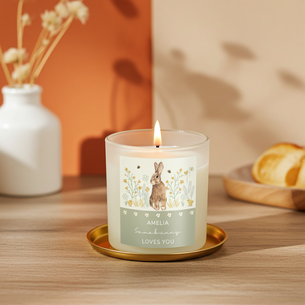 Personalised Spring Bunny Vanilla Candle Jar | Custom Seasonal Gift - Artfully Curated Creations and identify whats in the image