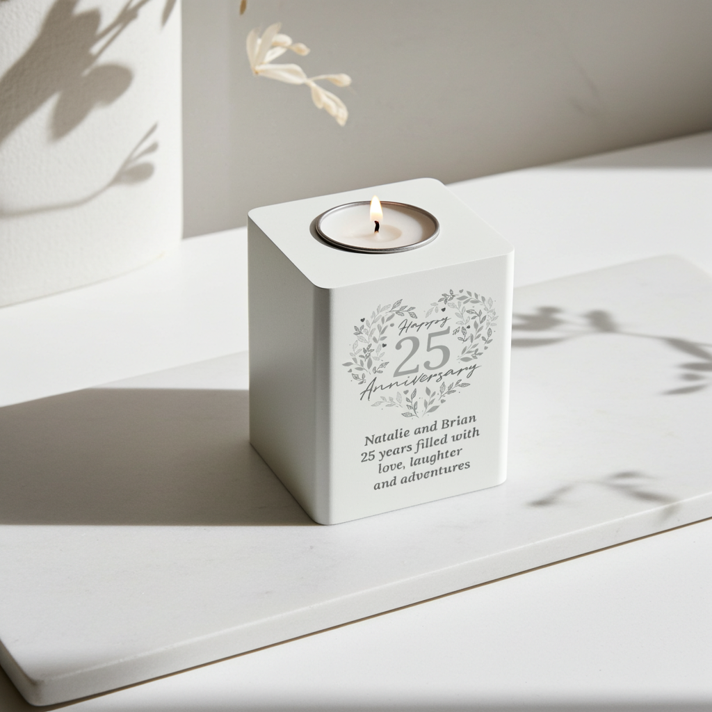 Personalised 25th Anniversary Tealight Holder | Silver Anniversary Keepsake - Artfully Curated Creations and identify whats in the image