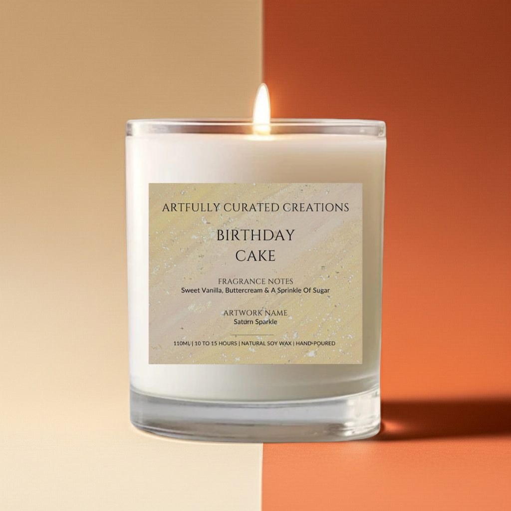 Art Candle Original Artwork Scented Soy Wax in clear glass | Handmade Gift | Wedding Favour | Elegant Home Décor | Luxury Party Bag - Artfully Curated Creations and identify whats in the image