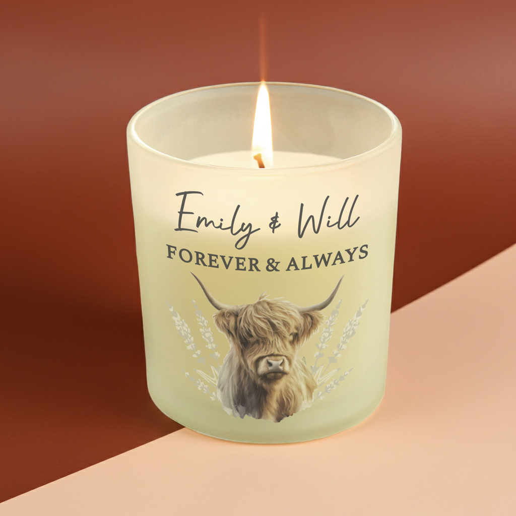 Personalised Highland Cow Vanilla Frosted Candle Jar | Custom Message Gift - Artfully Curated Creations and identify whats in the image
