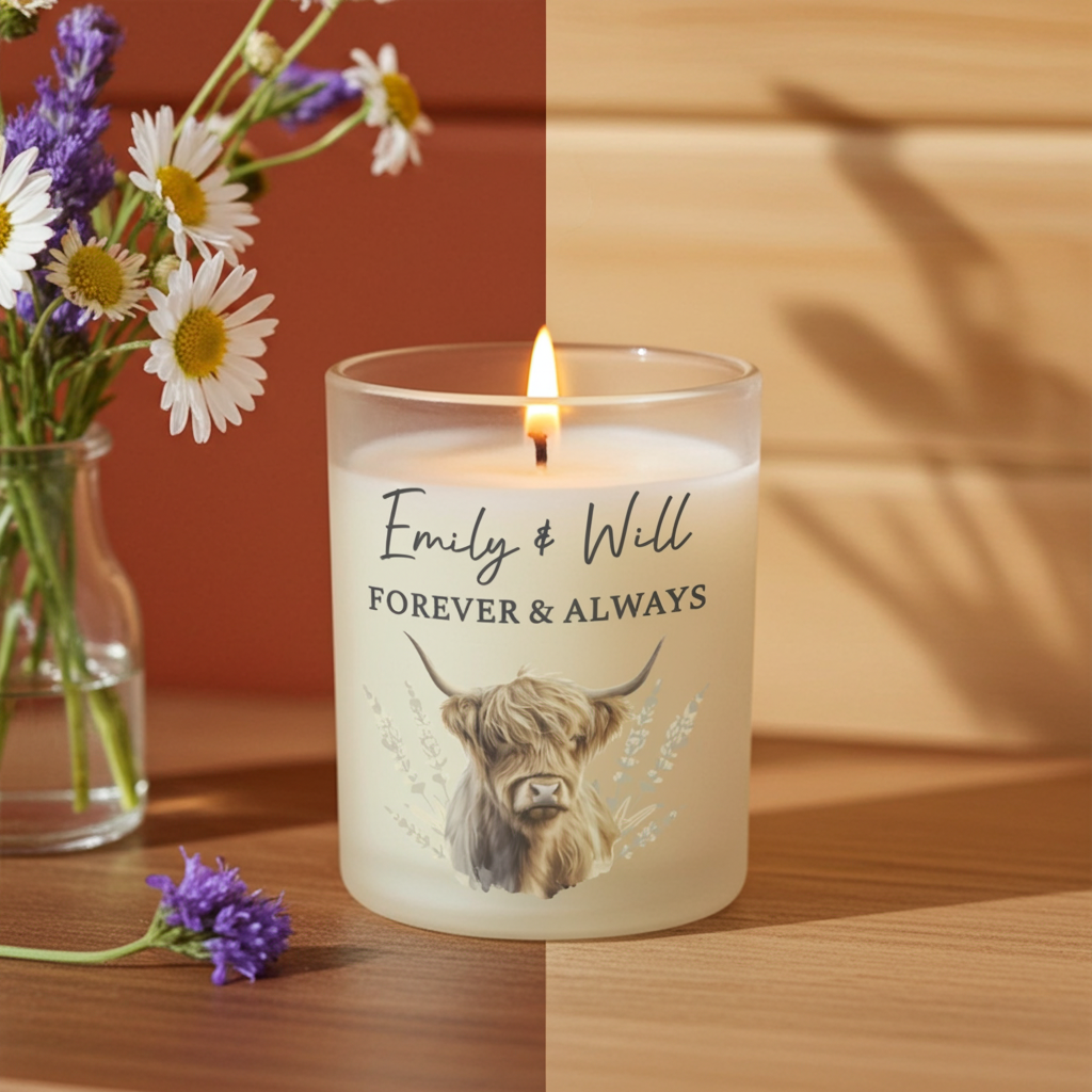 Personalised Highland Cow Vanilla Frosted Candle Jar | Custom Message Gift - Artfully Curated Creations and identify whats in the image