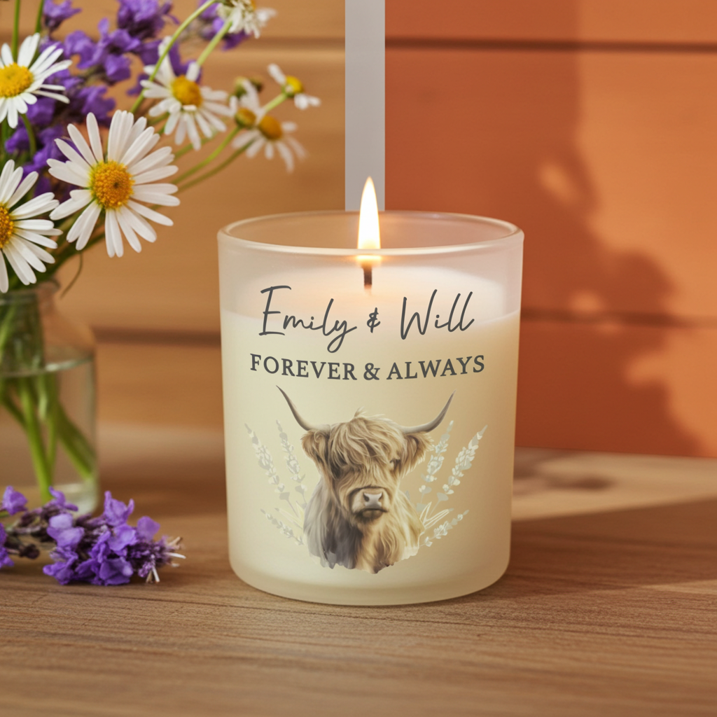 Personalised Highland Cow Vanilla Frosted Candle Jar | Custom Message Gift - Artfully Curated Creations and identify whats in the image