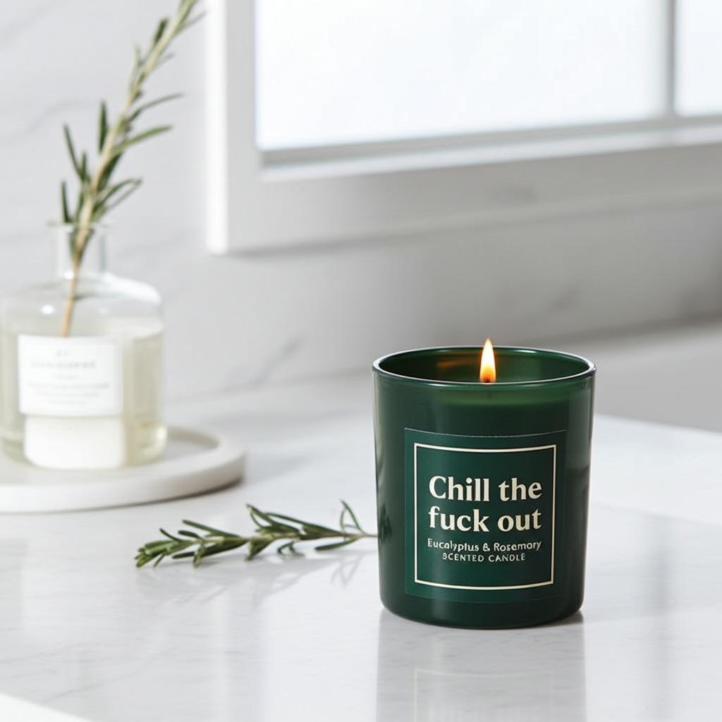 Sweary Candle Eucalyptus & Rosemary Scented Funny Self-Care Gift for Stressed Adults, Chill Out Aromatherapy Jar