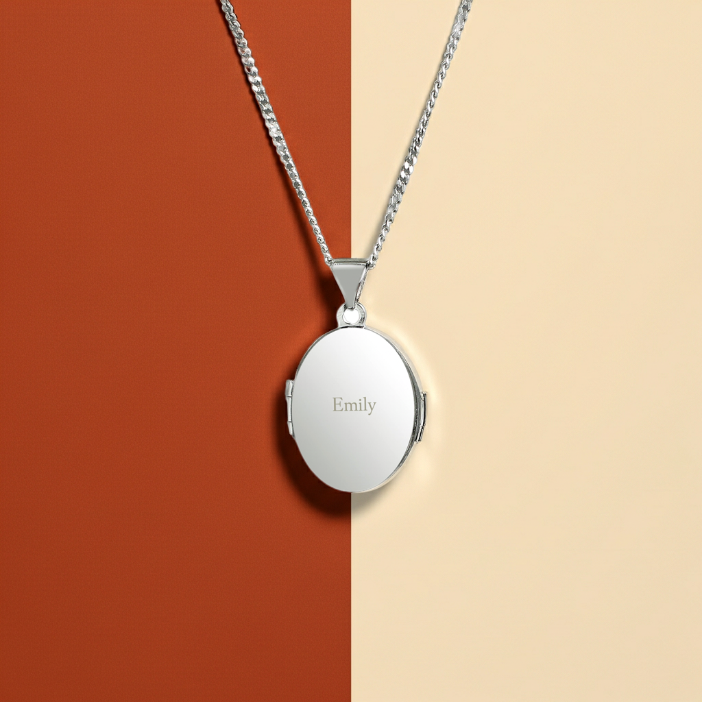Personalised Sterling Silver Oval Locket | Engraved Name & Photo Keepsake Gift Box - Artfully Curated Creations and identify whats in the image