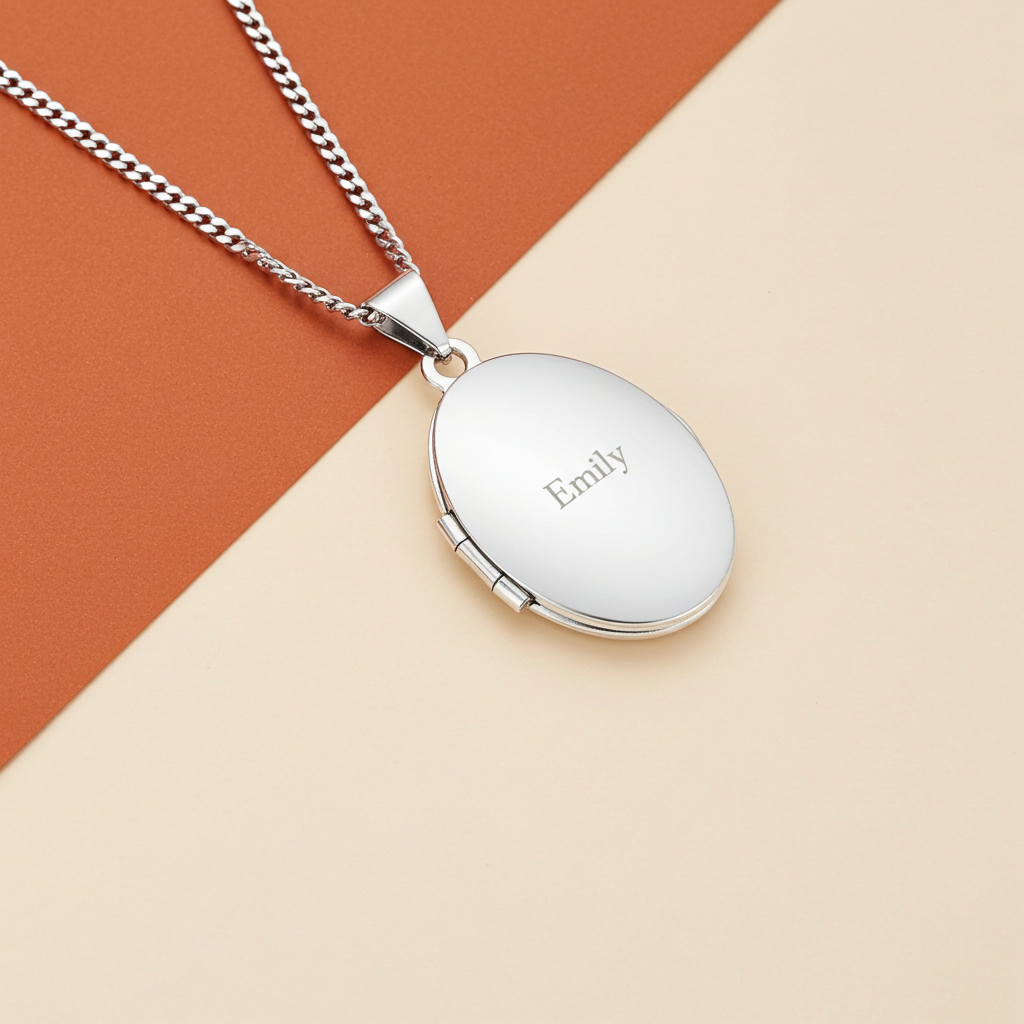 Personalised Sterling Silver Oval Locket | Engraved Name & Photo Keepsake Gift Box - Artfully Curated Creations and identify whats in the image
