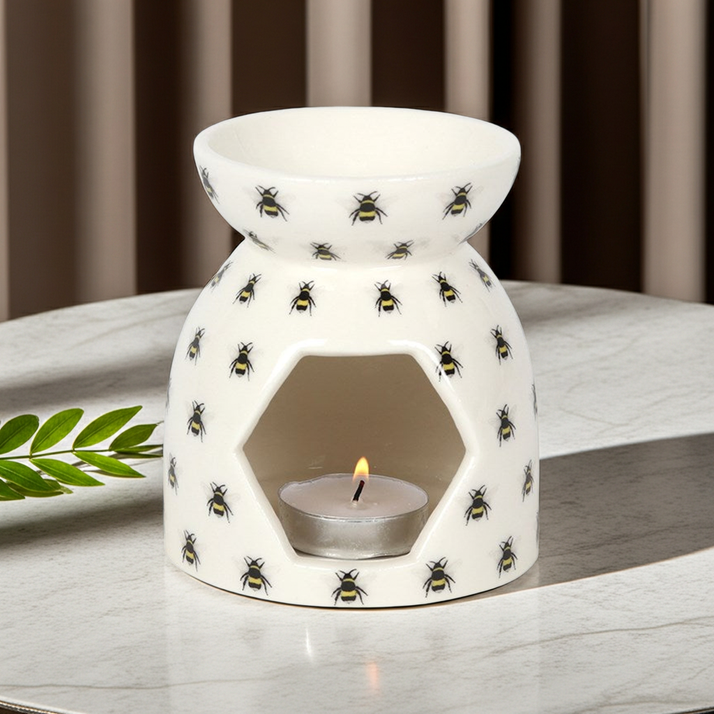 Bee Print Ceramic Oil Burner & Wax Warmer 11cm | Cute Bee Design | Home Fragrance Burner | Gift for Wax Melt Lovers
