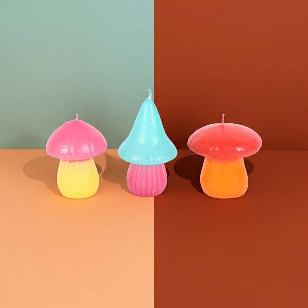 Set of 3 Mushroom Shaped Candles Colourful Unscented Decor Candles Cottagecore, Fairycore, Whimsical Home Styling