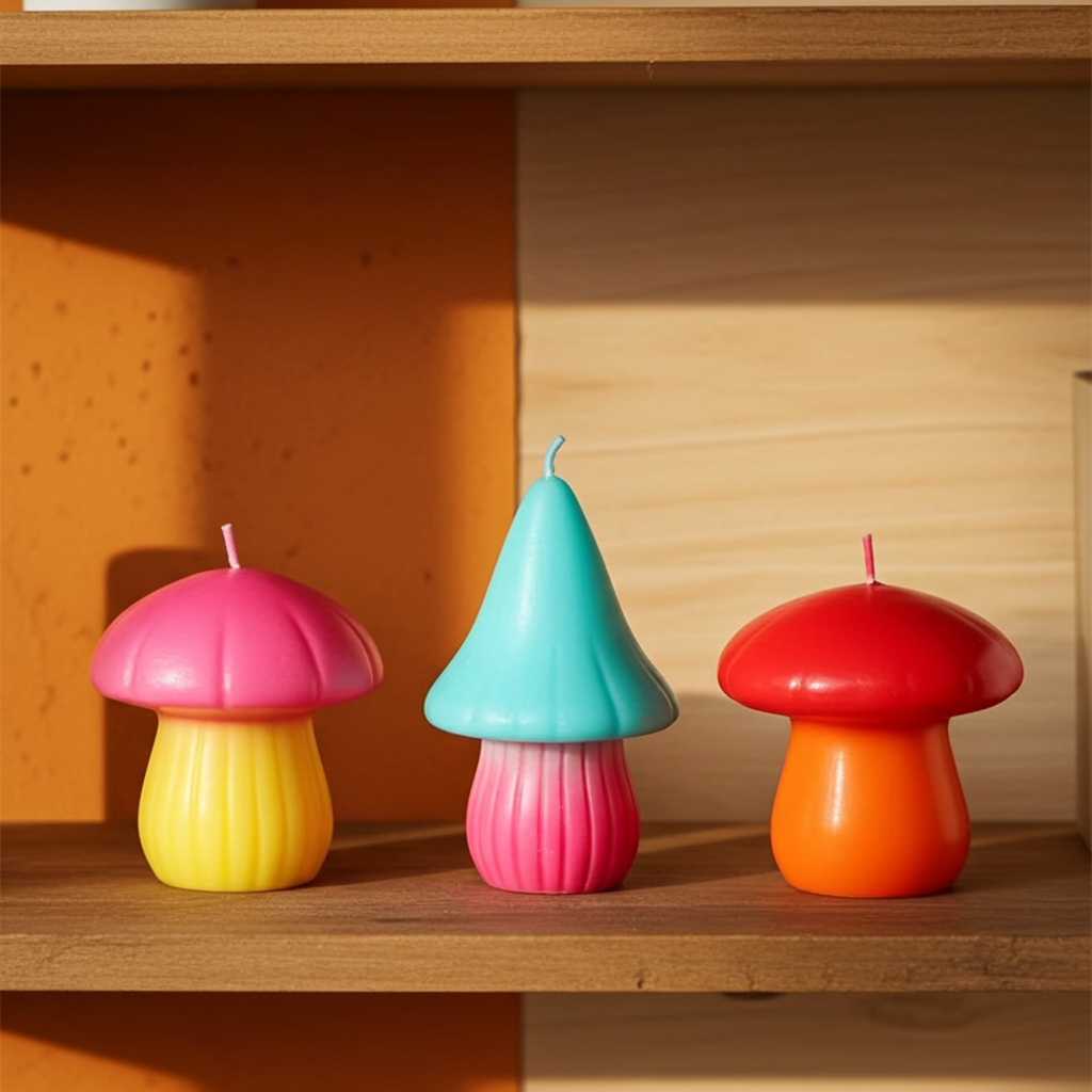 Set of 3 Mushroom Shaped Candles Colourful Unscented Decor Candles Cottagecore, Fairycore, Whimsical Home Styling