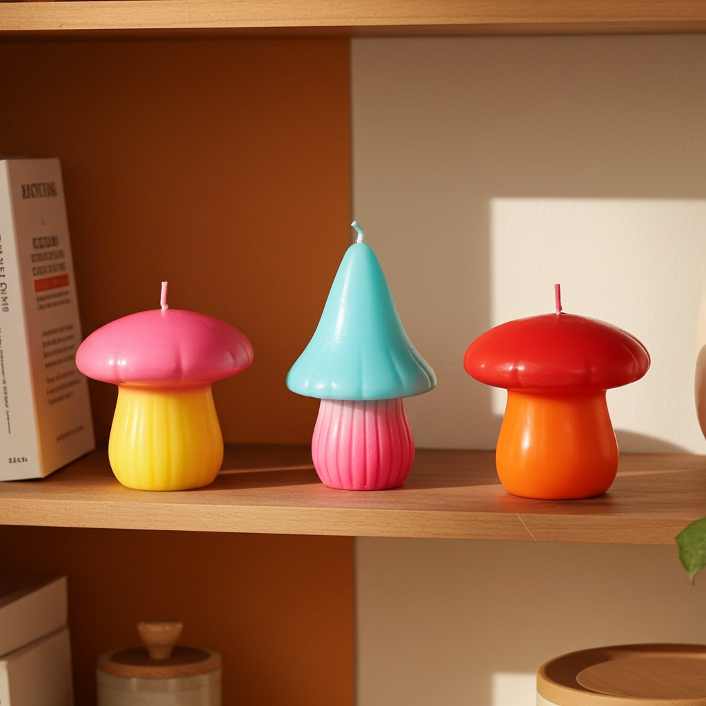Set of 3 Mushroom Shaped Candles Colourful Unscented Decor Candles Cottagecore, Fairycore, Whimsical Home Styling