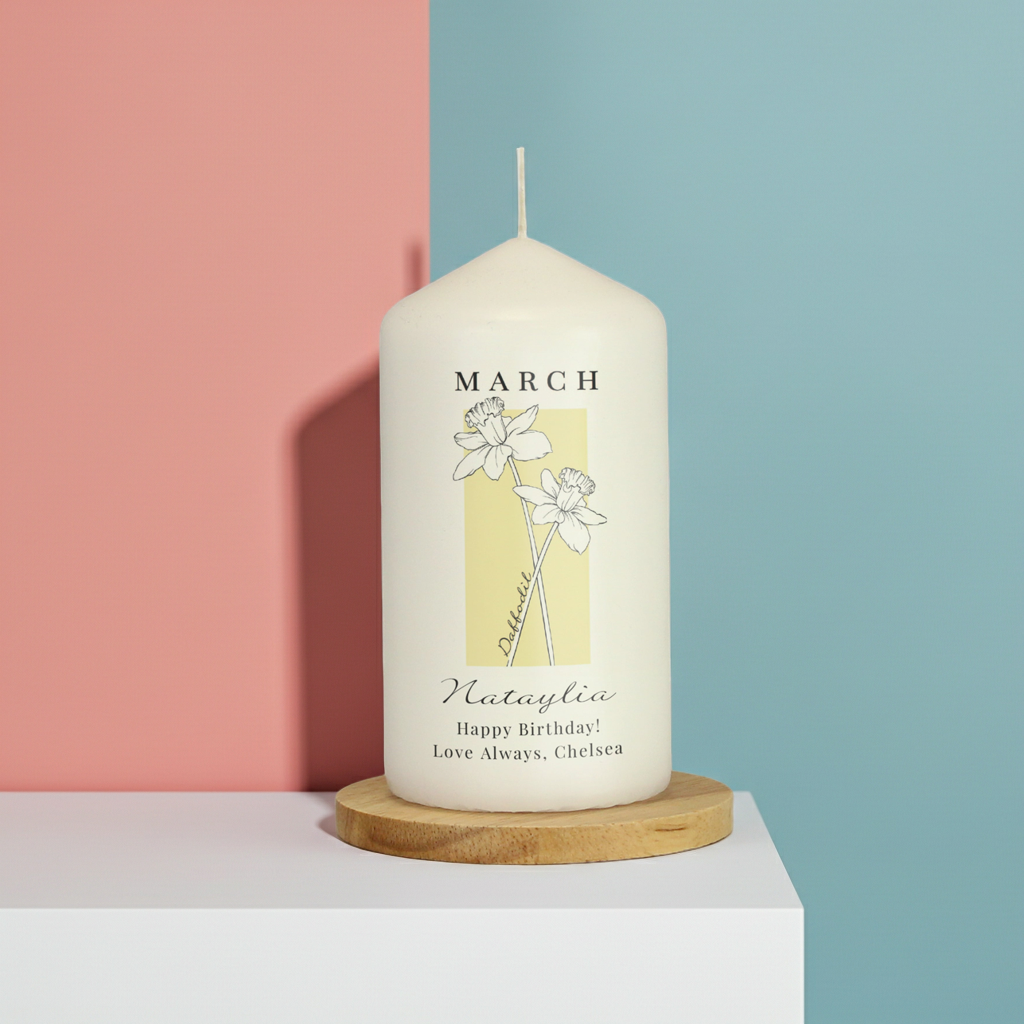 Personalised Birth Flower Pillar Candle | Handmade | A personal gift - Artfully Curated Creations and identify whats in the image