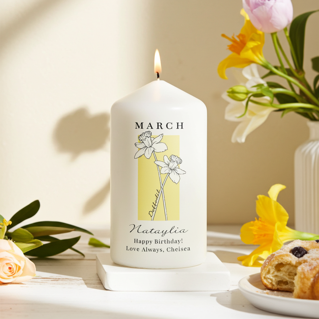 Personalised Birth Flower Pillar Candle | Handmade | A personal gift - Artfully Curated Creations and identify whats in the image