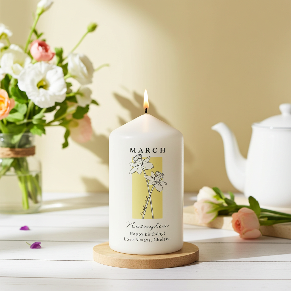 Personalised Birth Flower Pillar Candle | Handmade | A personal gift - Artfully Curated Creations and identify whats in the image